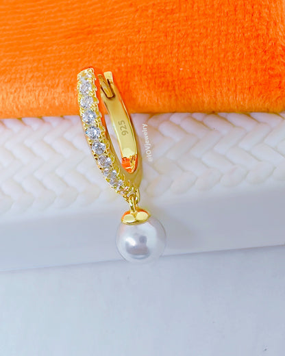 11 mm CZ hoop earring with dangling cultured pearl.