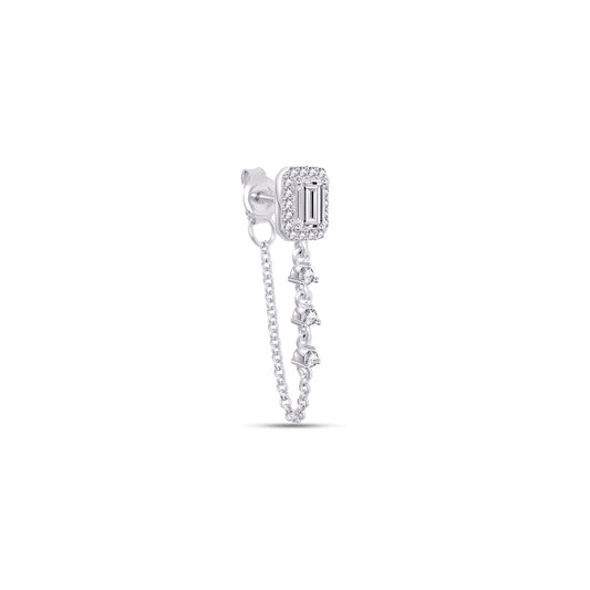 rectangular CZ in halo with front to back dangling chain earring.
