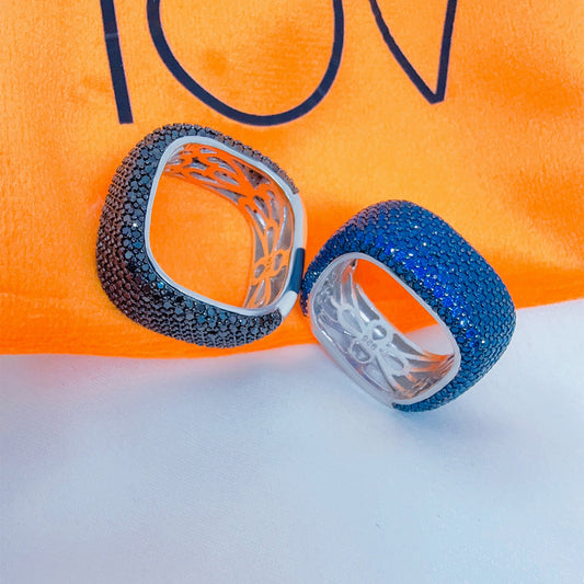 Square black and blue CZ wide ring.