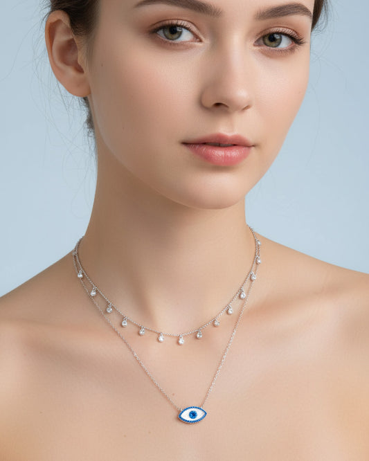 two layered MOP and CZ sapphire color necklace and choker.