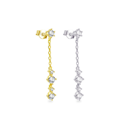 dangling chain earring with round CZ stones stud earring.