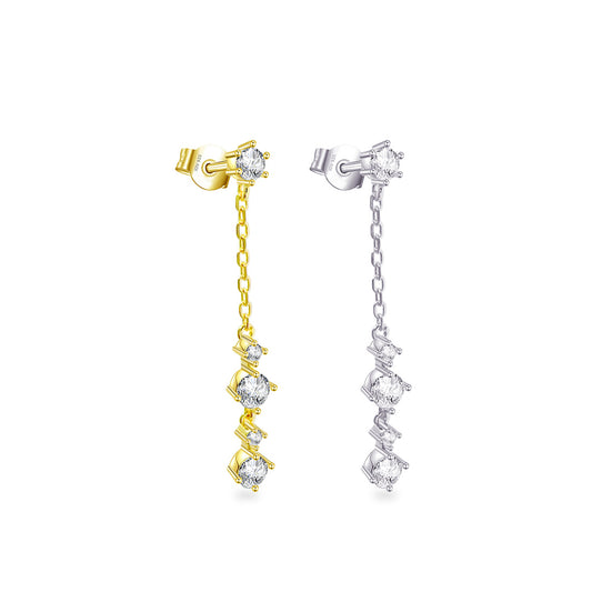dangling chain earring with round CZ stones stud earring.