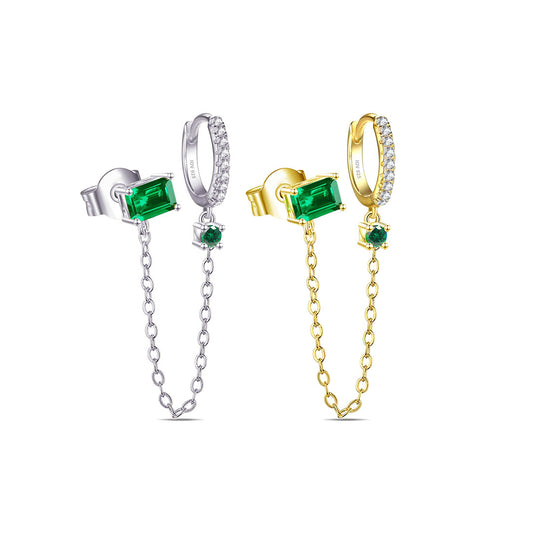 chain linked hoop and rectangular emerald color stone stud earring.