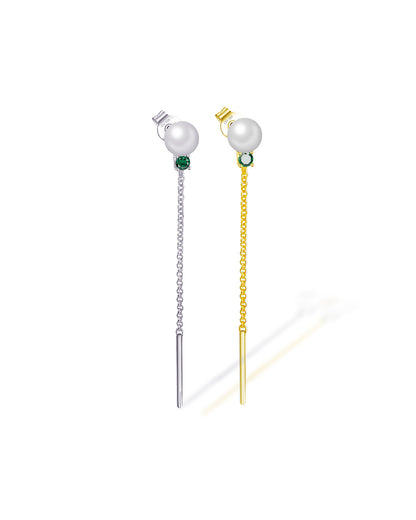 pearl and green CZ with dangling chain stud earring.