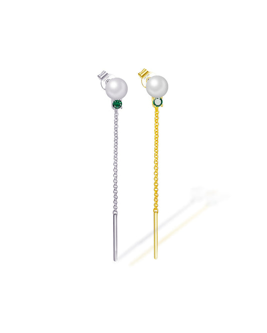 pearl and green CZ with dangling chain stud earring.