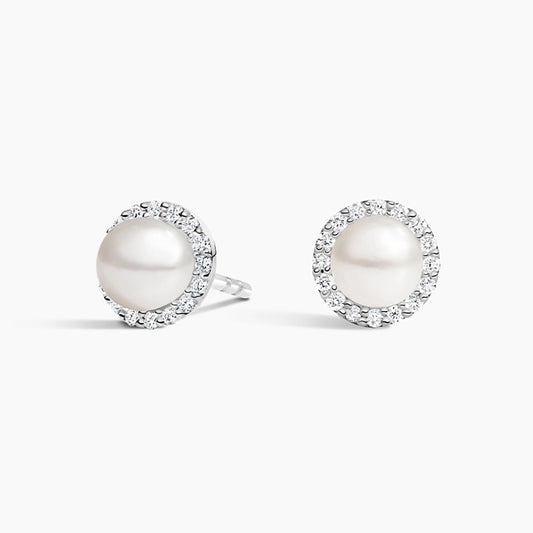 pearl stud earring with halo setting.