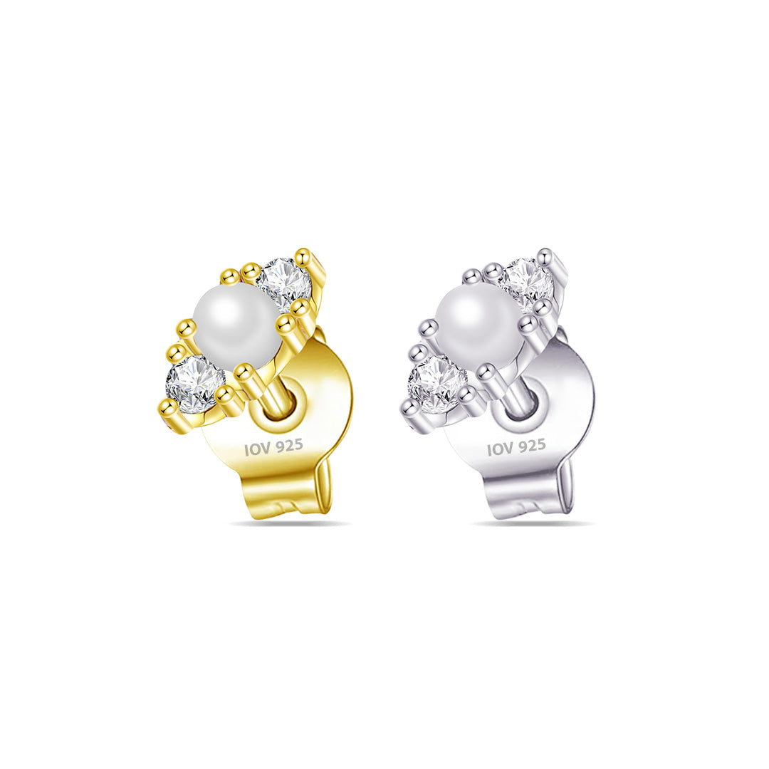 one pearl and two round CZ stones stud earring.