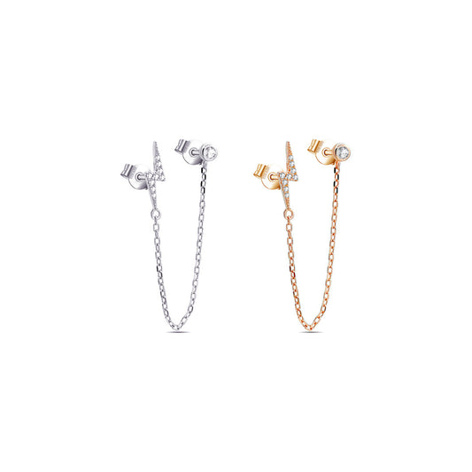 bolt shape and single stone double stud chain earring.