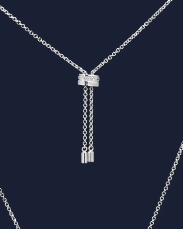 Safety pin shape CZ adjustable length necklace.