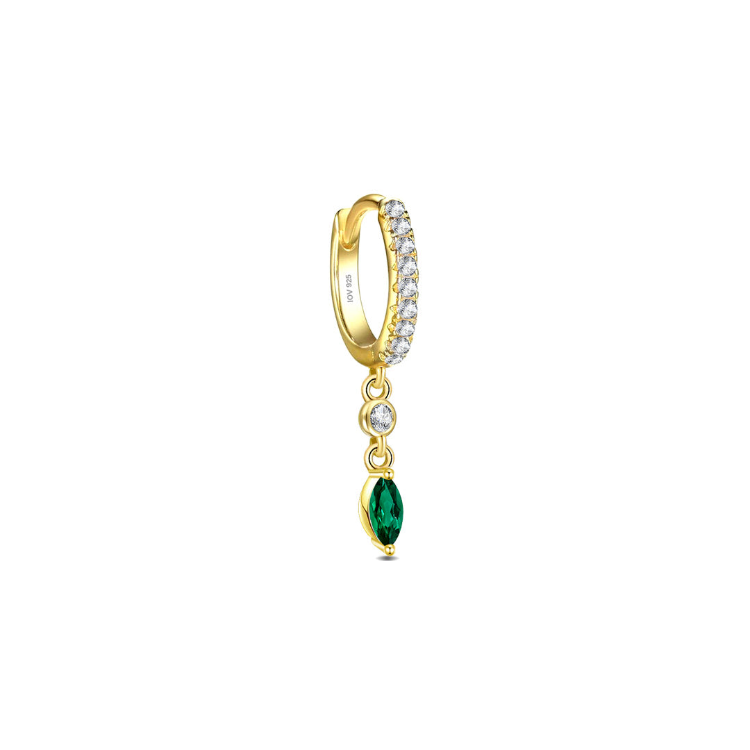 CZ huggie hoop with dangling white and emerald color stones.