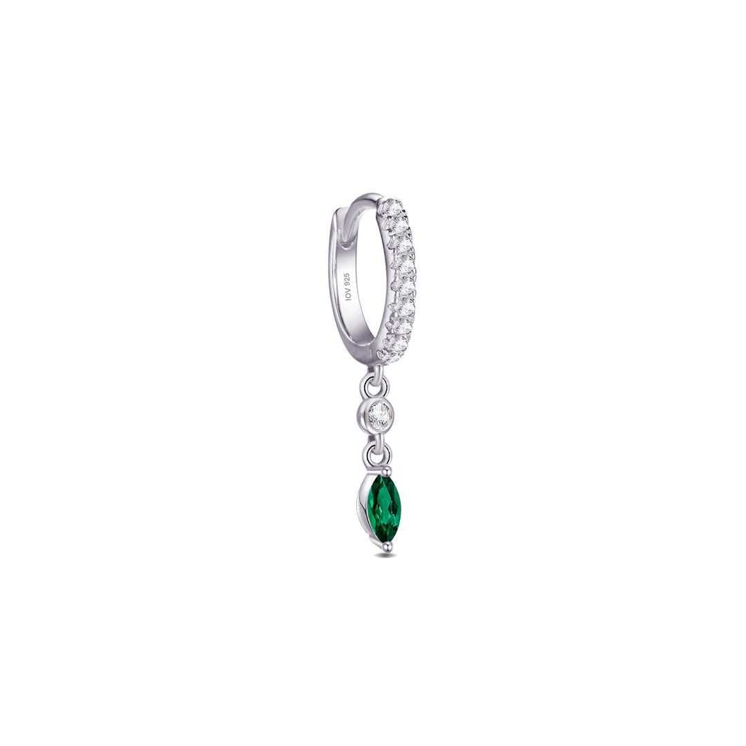 CZ huggie hoop with dangling white and emerald color stones.