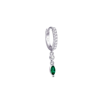 CZ huggie hoop with dangling white and emerald color stones.
