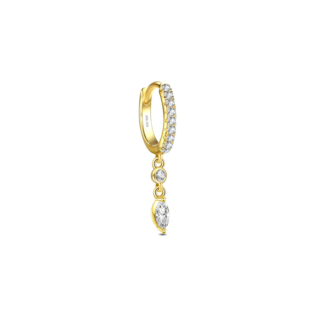 CZ huggie hoop with dangling white and emerald color stones.