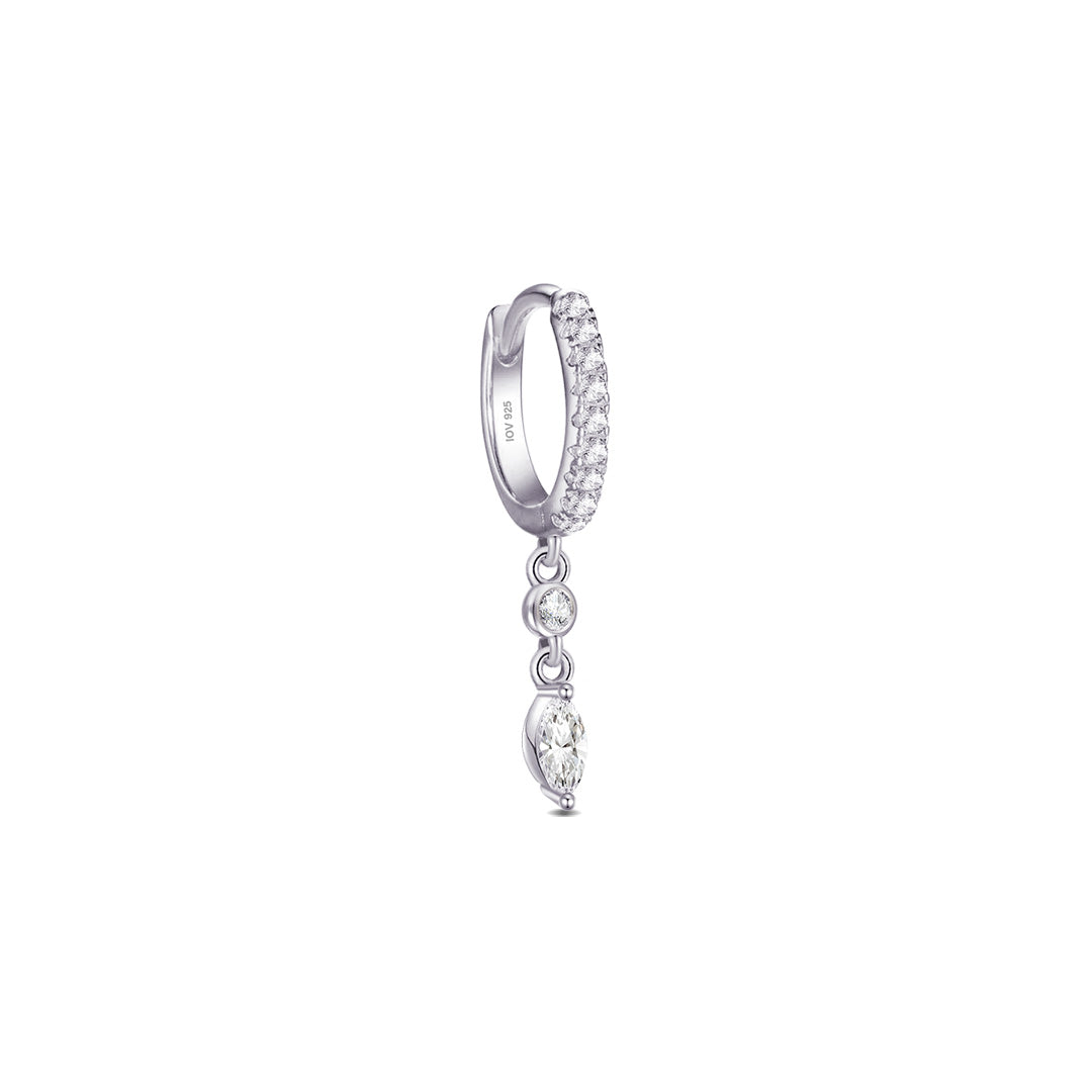 CZ huggie hoop with dangling white and emerald color stones.