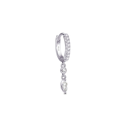 CZ huggie hoop with dangling white and emerald color stones.