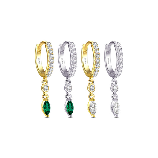 CZ huggie hoop with dangling white and emerald color stones.