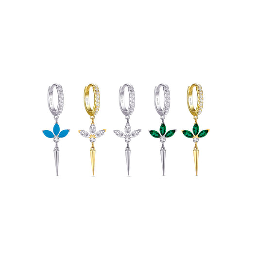 CZ huggie hoop with dangling lotus shape.