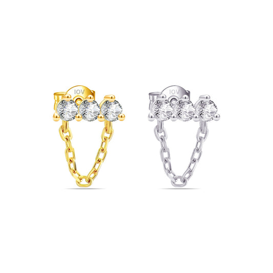 three stones bar earring with dangling chain.
