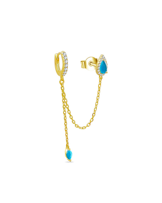 turquoise pear shape stud chain-linked to hoop with dangling marquise shape.