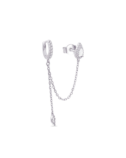 CZ pear shape stud chain-linked to hoop with dangling marquise shape.