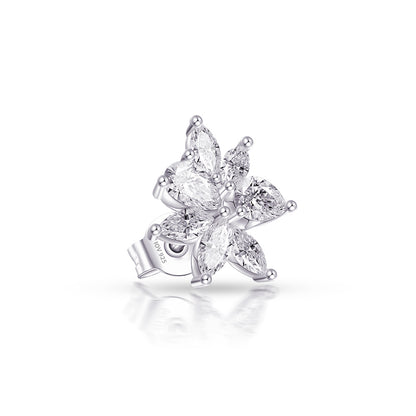 stud earring of a cluster of fancy cz shapes stones pears and marquise in prong setting. 