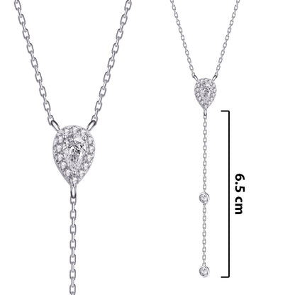 Y model necklace with a middle pear shape stone in a halo setting
