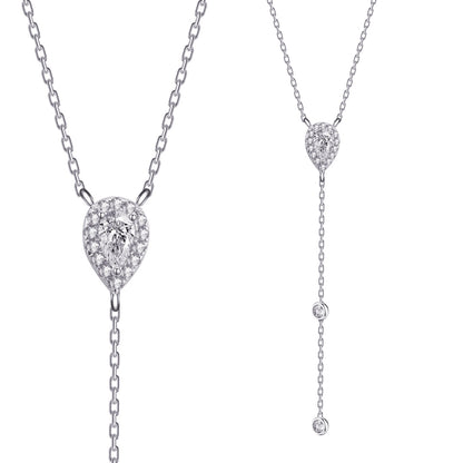 Y model necklace with a middle pear shape stone in a halo setting