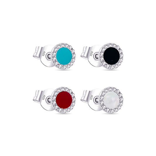 mother of pearl stud earring with CZ halo setting.